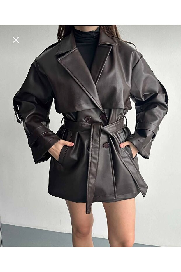 Windproof Detail Oversize Leather Trench Coat