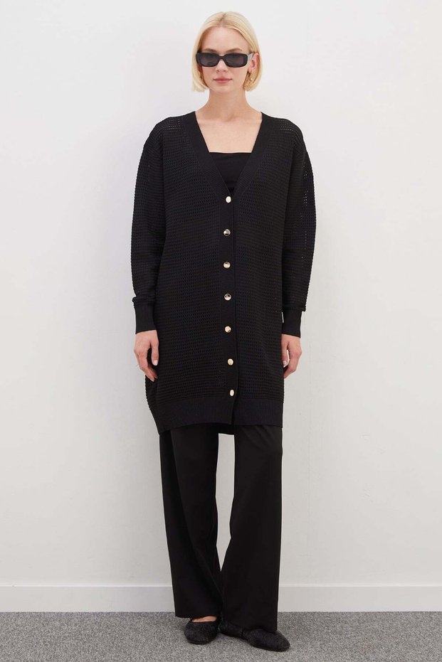Buttoned V-Neck Openwork Loose Knitwear Cardigan