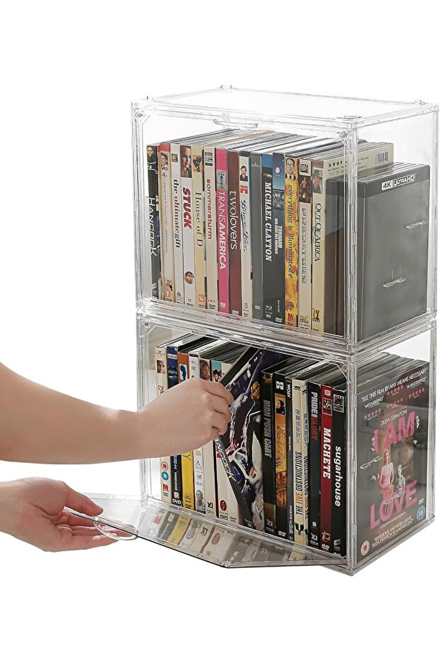 Clear Acrylic DVD Storage Organizer Boxes, 2Pcs Durable Disc Holder, Fits Up to 34 Cases Each, Stack