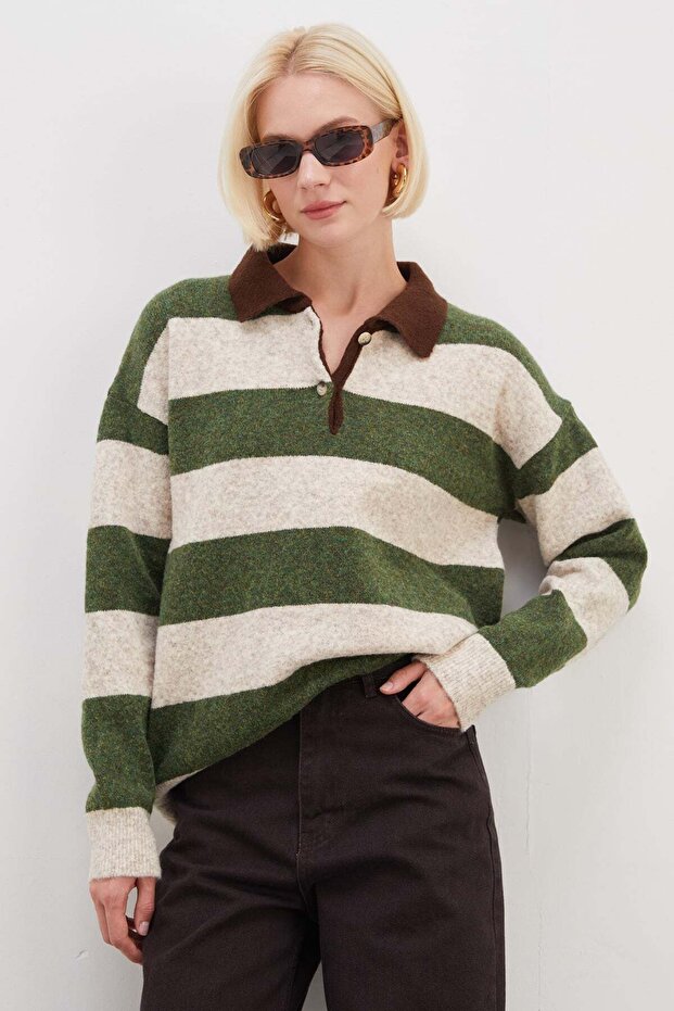 Striped Half Button Polo Neck Knitwear Sweater