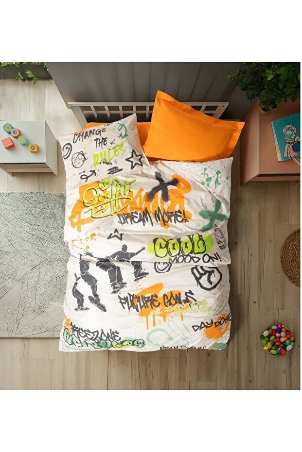 Rf Genç -Graffiti Orange- Single Duvet Cover Set with Elastic Sheets