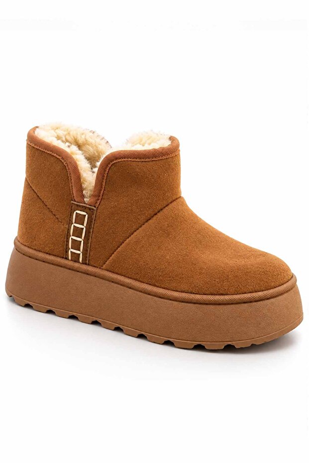 Women's Tan Suede Fur Boots Thick Platform Sole Winter Casual Ankle Boots