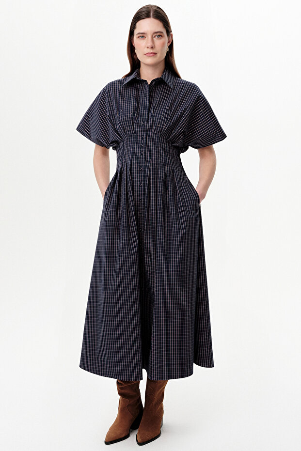 Low Sleeve Stone Detailed Waist Pleated Regular Midi Dress