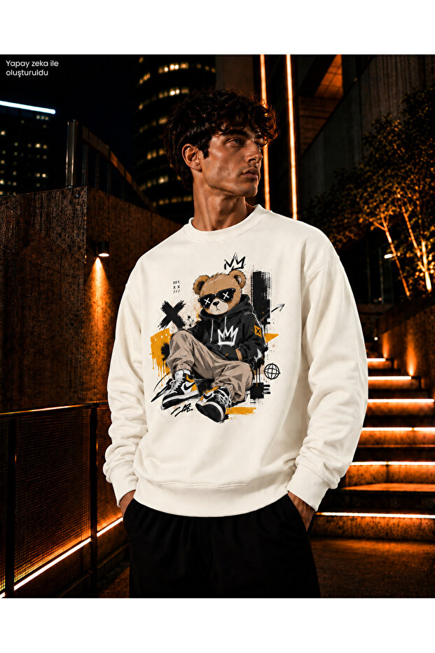 Men's Crew Neck Casual Regular Fit Sweatshirt with Glasses and Hooded Teddy Bear Figure