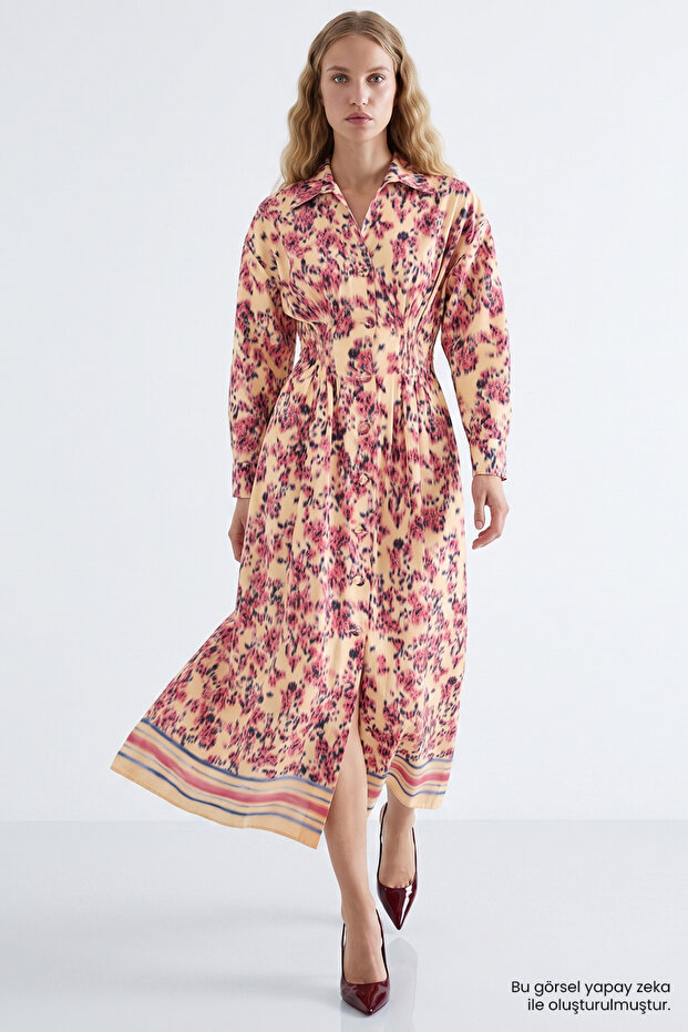 Pleated Slim Fit Shirt Dress with Elastic Waist at the Back