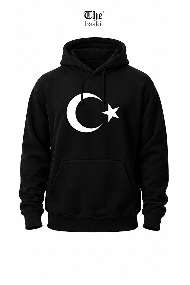 Turkey Moon Star Flag Printed Kangaroo Pocket 100% Cotton High Quality Premium 3 Thread Threaded Sweatshirt