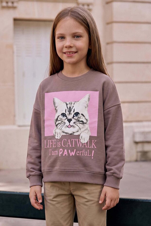 Cat Printed Crew Neck Oversize Sweatshirt
