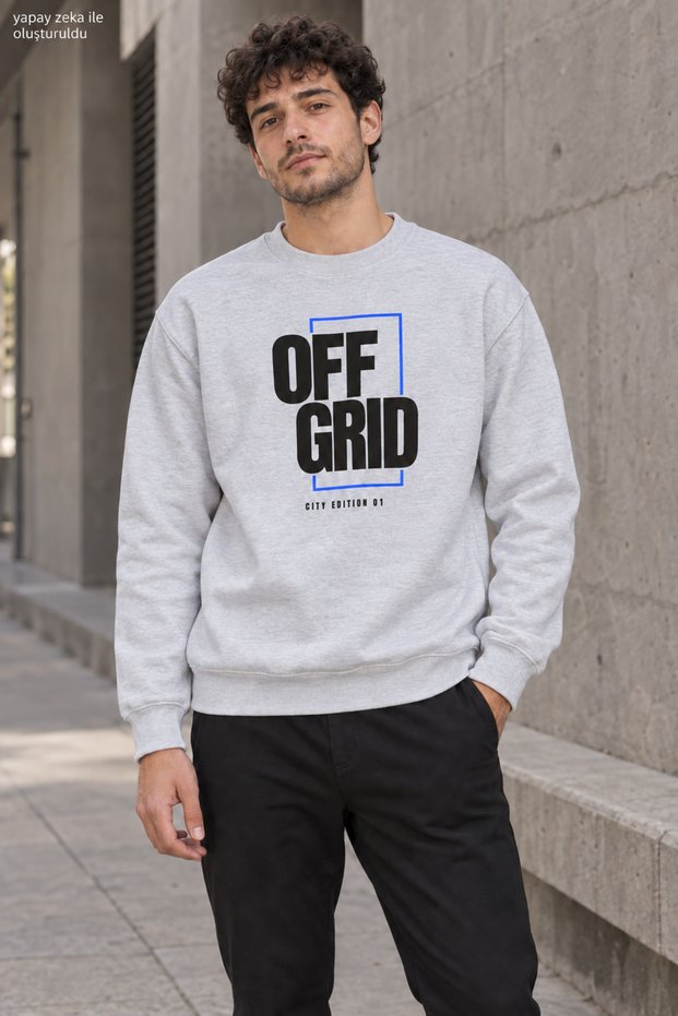 Men's Black Off Grid Written Crew Neck Casual Regular Fit Sweatshirt