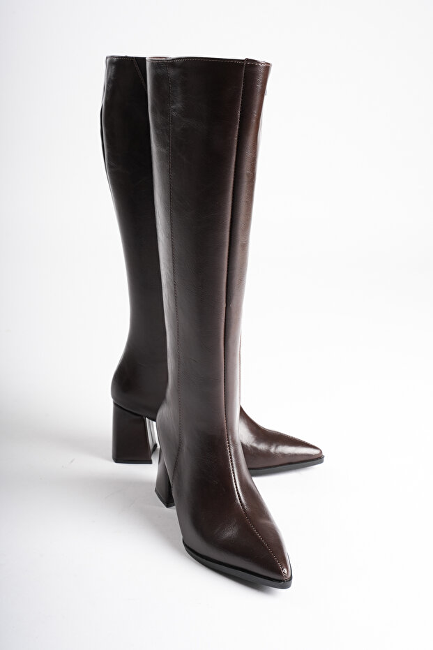 Women's Brown Boots with Zipper and Thick Heels