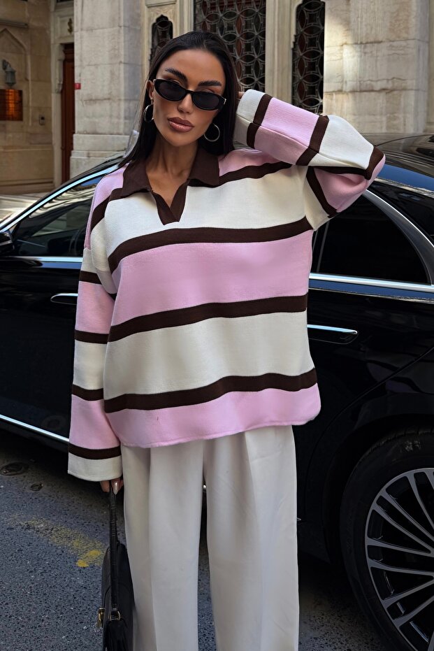 Women's Pink Striped Polo Neck Oversize Knitwear Sweater