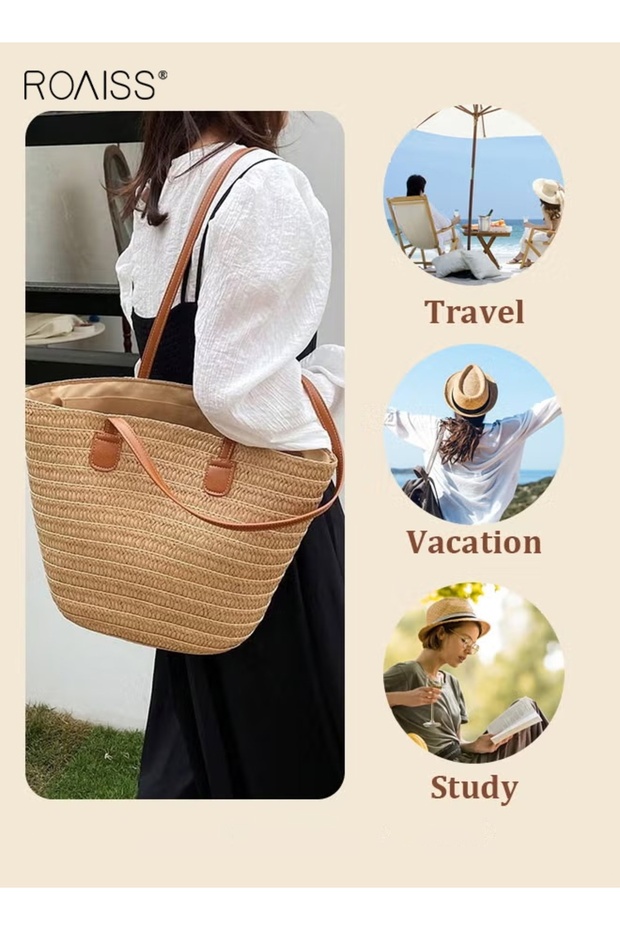 Women's Straw Woven Shoulder Bag, Summer Beach Travel Crossbody Handbag, Classics Satchel Purse Wove