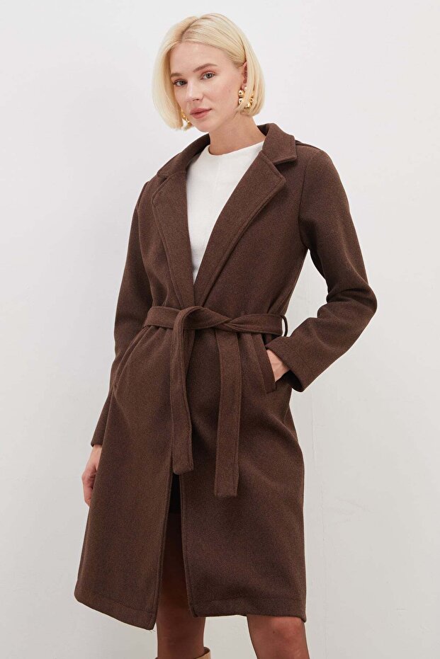 Belted Double-Breasted Collared Long Cashmere Coat