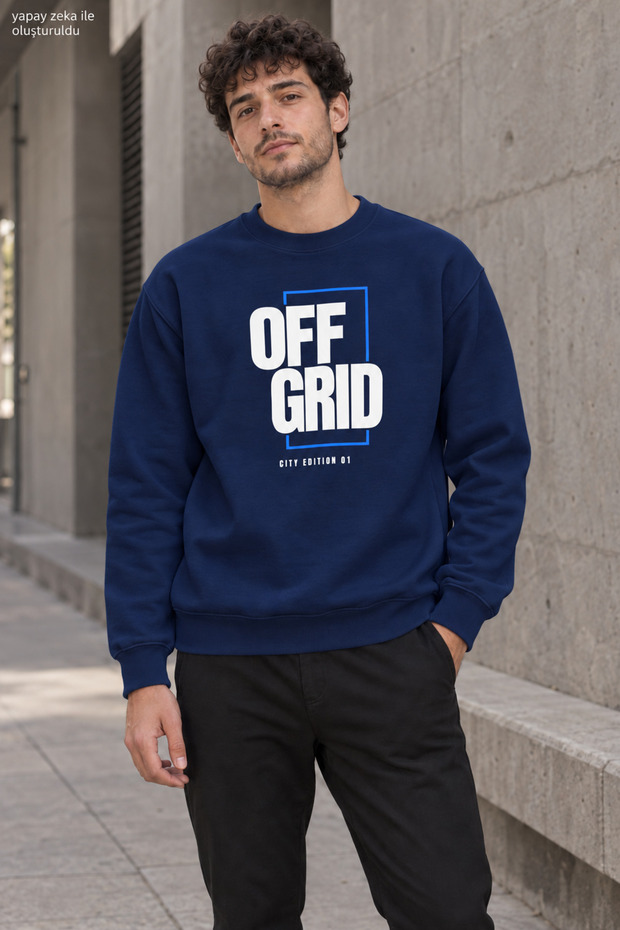 Men's Black Off Grid Written Crew Neck Casual Regular Fit Sweatshirt
