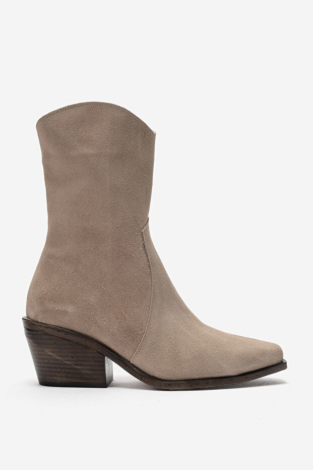 Women's Heeled Side Zipper Boots Real Leather Dc 1564 Suede Mink