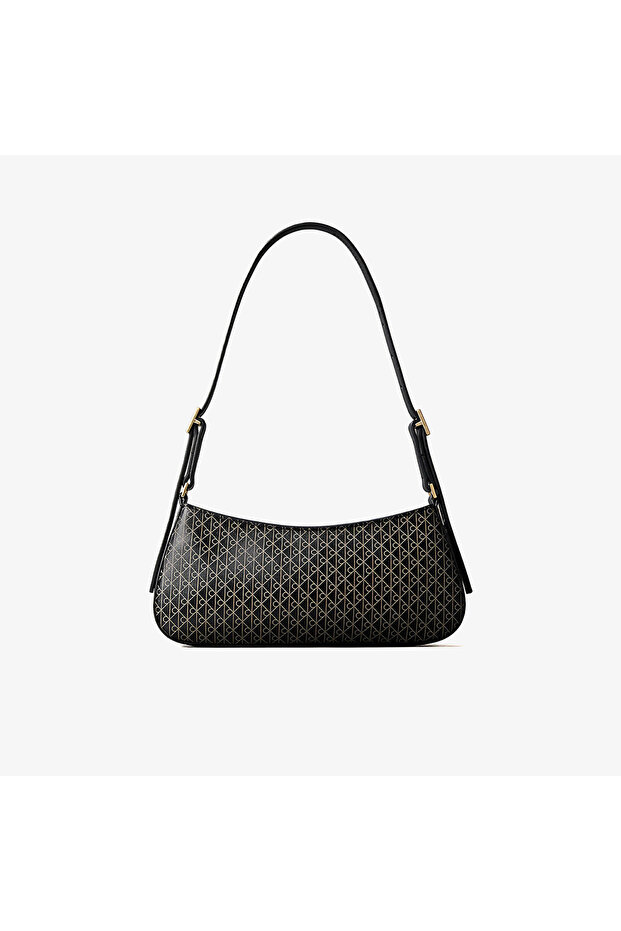 Women's Leather Single Zipper Closure Strap Brand Text Patterned Black Shoulder Bag