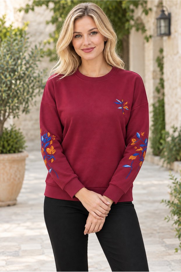 Women's Round Neck Long Sleeve Off Shoulder Leaf Pattern Motif Comfortable Fit Stylish Daily Burgundy Sweater