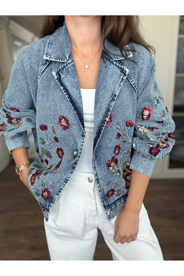 Sequin Floral Embroidered Bomber Denim Jacket