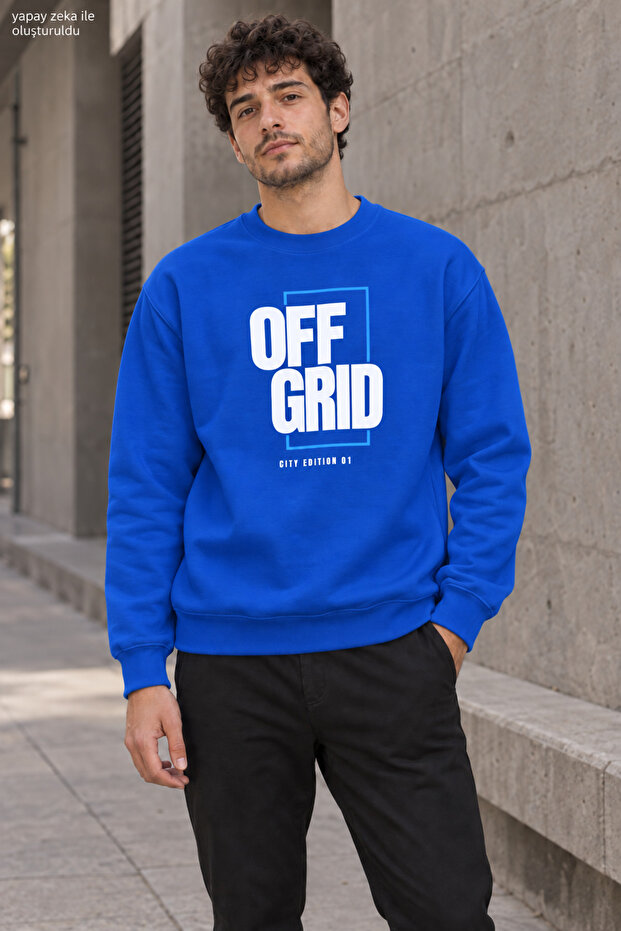 Men's Black Off Grid Written Crew Neck Casual Regular Fit Sweatshirt