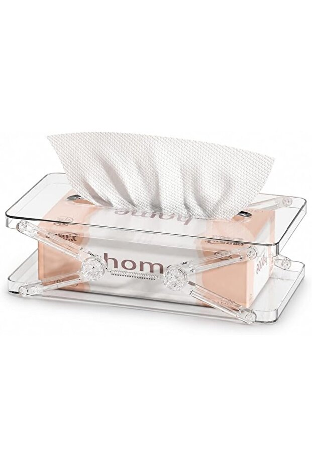 Tissue Box Holder, Clear Acrylic Tissue Box Cover with Automatic Spring Compression, Expandable Faci