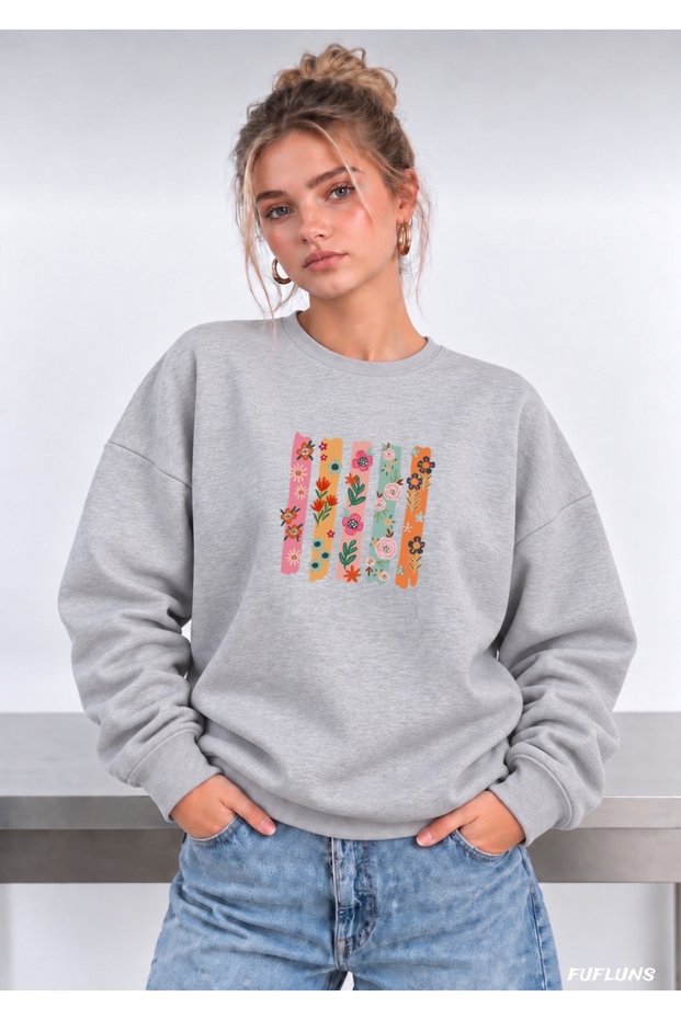 Sirali Flowers Printed Oversize Women's Crewneck Sweatshirt