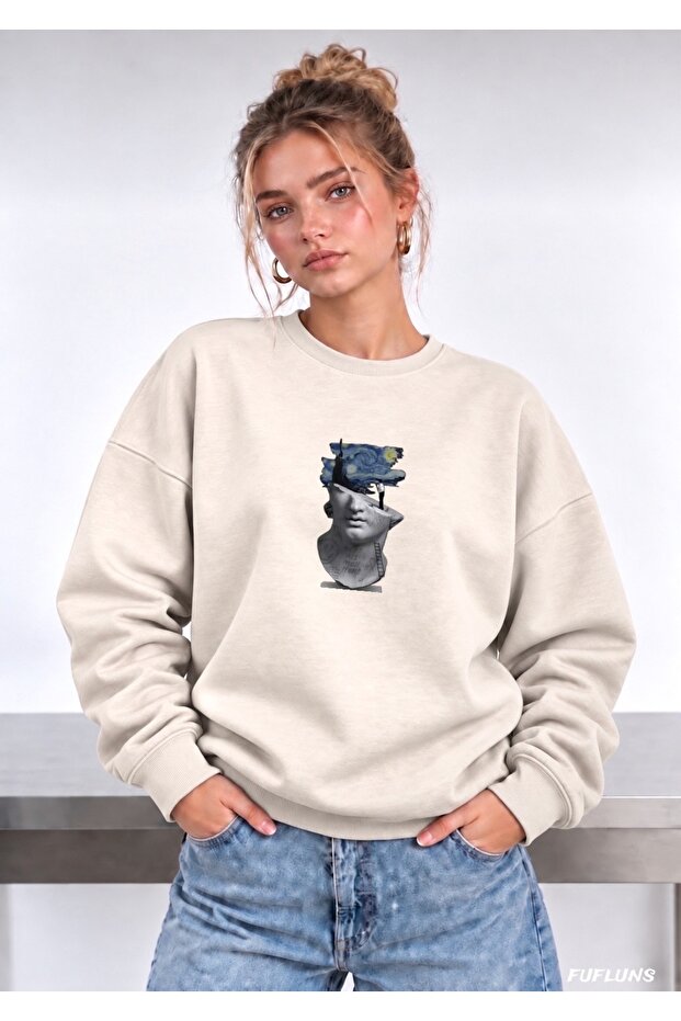 Sculpture Printed Oversized Women's Crew Neck Sweatshirt