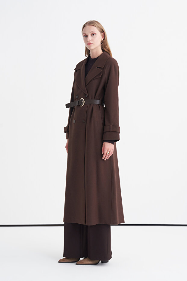 Belted Double-Breasted Long Brown Dress 14106