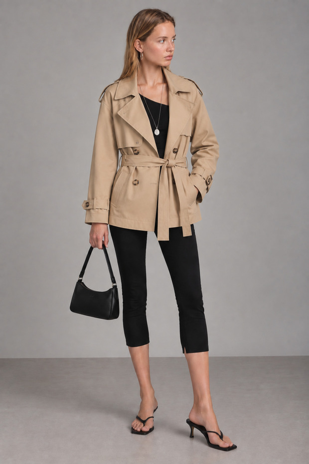 Double-Breasted Collared Short Trench Coat with Belt | Mkw3811572-1