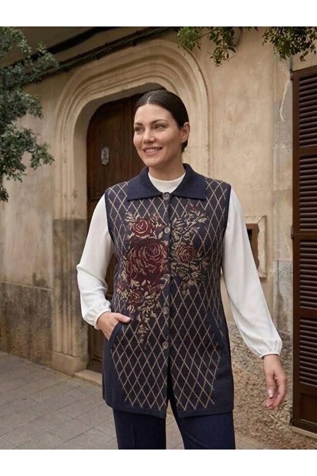 Plaid Rose Piqué Patterned Steel Knitted Women's Knitwear Vest Coat
