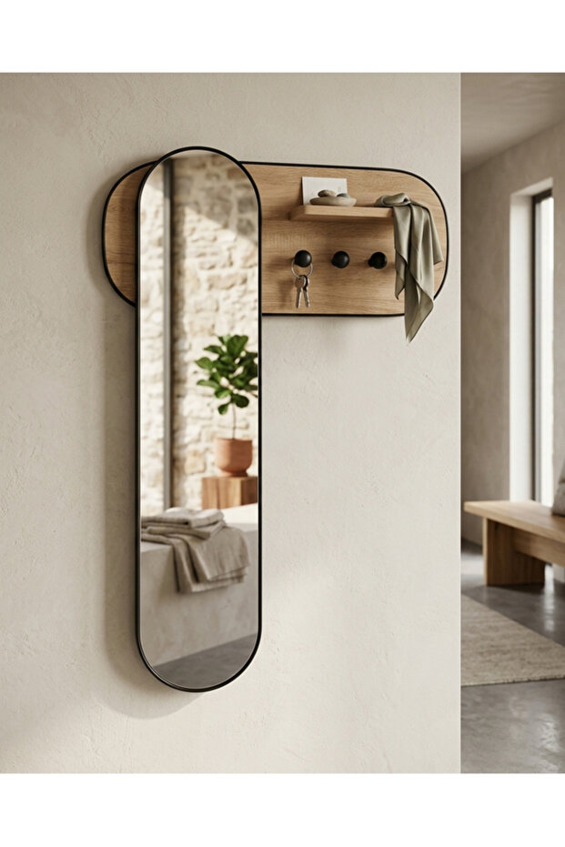 Modern Wall-Mounted Entryway Mirror with Shelf and Coat Rack