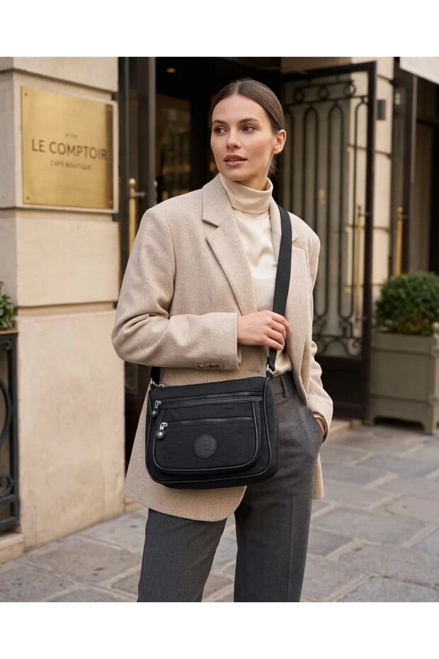 Women's Black Parachute Fabric 4-Compartment Shoulder and Crossbody Daily Bag 24X20 cm