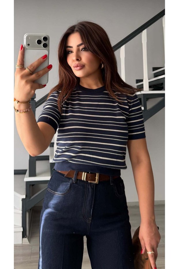 Navy blue and white striped short sleeve knit blouse