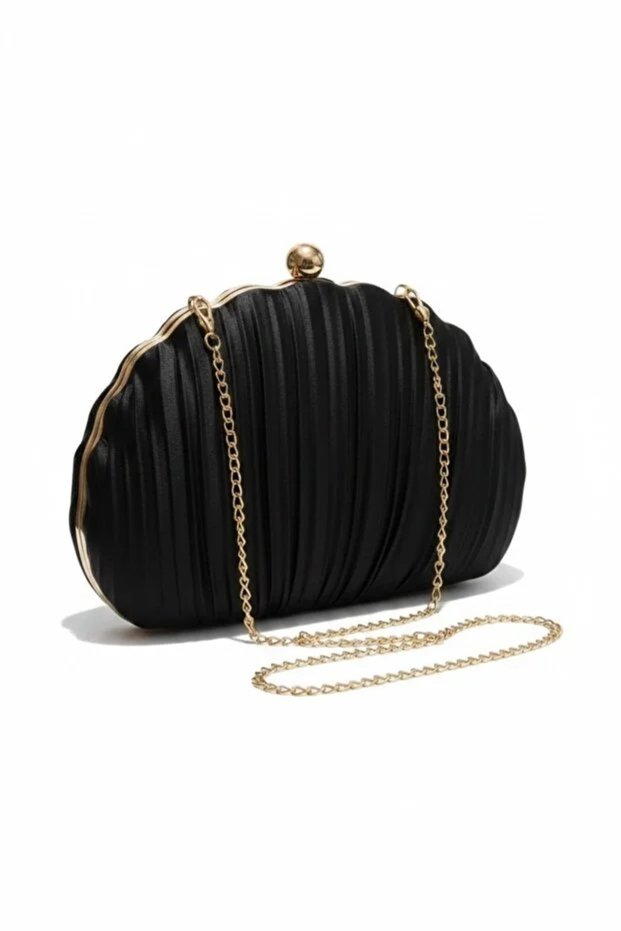 Pleated Oyster Shell Wide Model Evening Dress Bag Stylish and Pleated Black Satin Hand Bag Wedding Engagement Evening Dress Zeyy-Moda