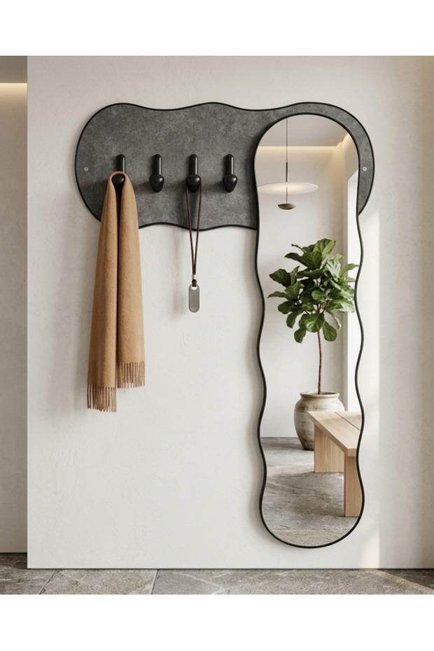 Modern Wall-Mounted Entrance Mirror with Flowing Waves Design, Featuring Clothes Rack and Key Hanger