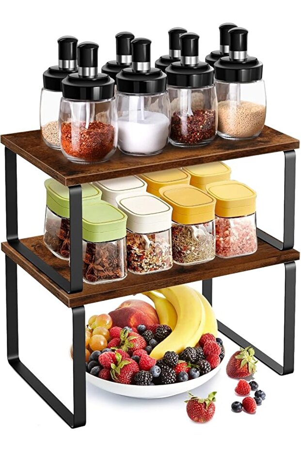 2pcs Counter Shelves Organizer, Kitchen Stackable & Expandable Cabinet Shelf - Wood Organiz