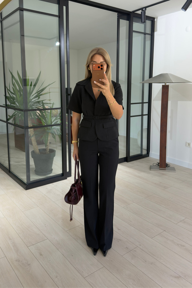 Belted Short Sleeve Black Suit