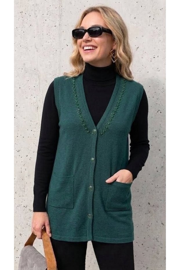 Stone-Embellished Steel Knitted Tricot Women's Vest
