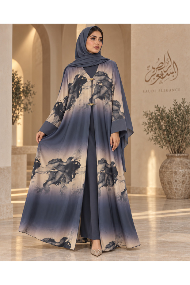 Women’s Slate Grey & Beige Abstract Print Open Abaya with Gold Clasps