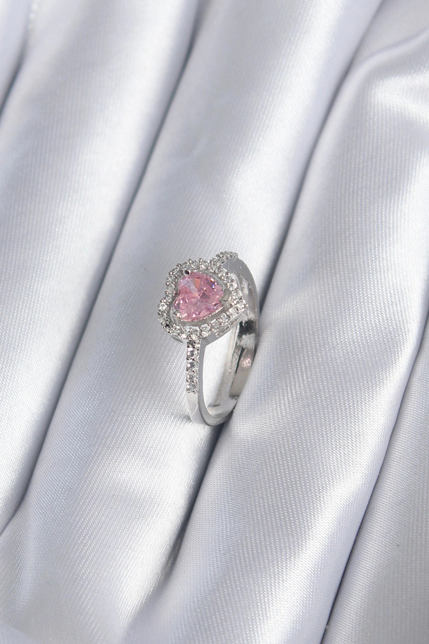 Brass Silver Color Pink Zircon Stone Heart Charm Model Women's Ring Tj-Byk2859