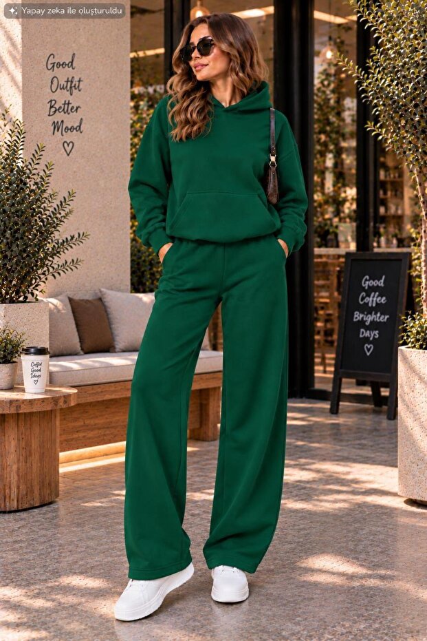 Women's Hooded Wide Leg Two-Piece Tracksuit Set with Kangaroo Pockets Oversize