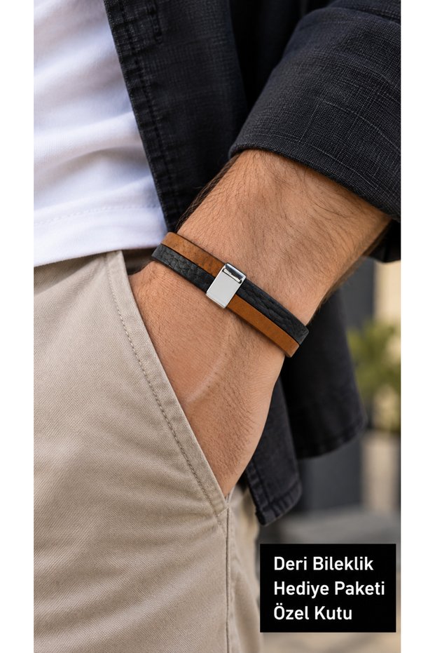Caldesso Burntline Black Caramel Leather Men's Bracelet - Three Stripes Minimal Design