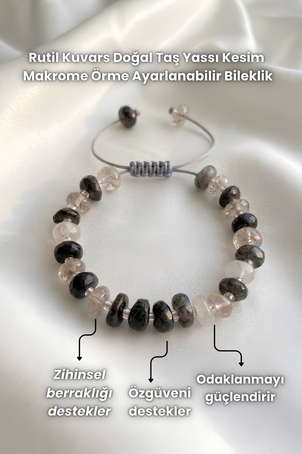 Rutil Quartz Natural Stone Flat Cut Macrame Knitted Adjustable Bracelet