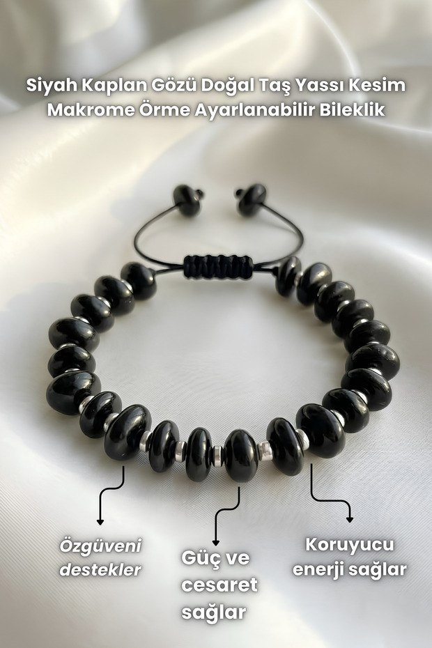 Black Tiger's Eye Natural Stone Flat Cut Macrame Knitted Adjustable Bracelet