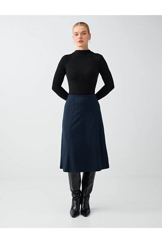 Navy Blue Midi Knitted Skirt with Stitching Detail and Elastic Waist