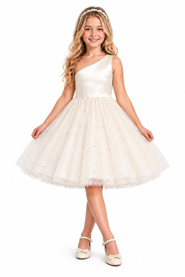 Girl's One Shoulder Short Dreamy Tulle Special Occasion Dress with Pearls