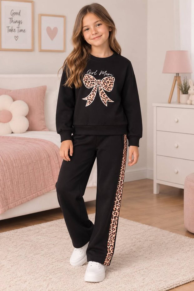 Girl's Cotton Fabric Black Color Leopard Ribbon Patterned Long Sleeve Embroidered Winter Tracksuit Set