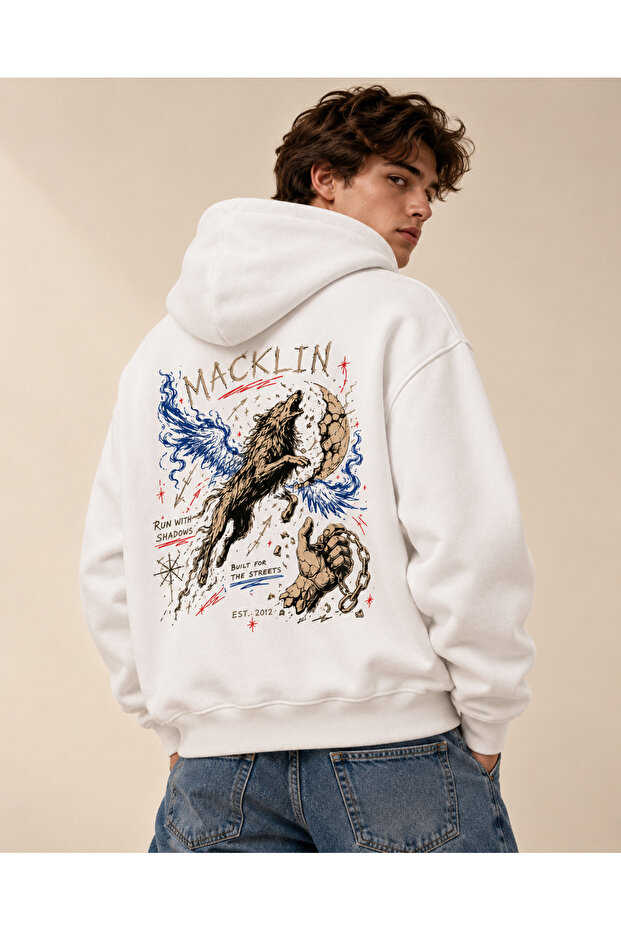 Unisex Women's and Men's Wolf Shadow Design Text Printed Oversize 3 Thread Hooded Sweatshirt