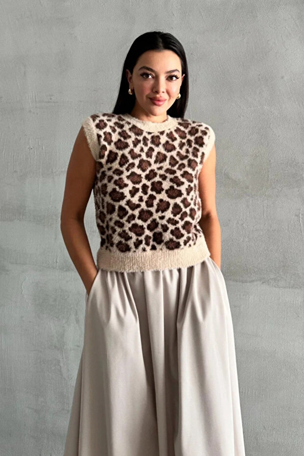 Stone - Brown Leopard Patterned Soft Sweater - 2Y4496
