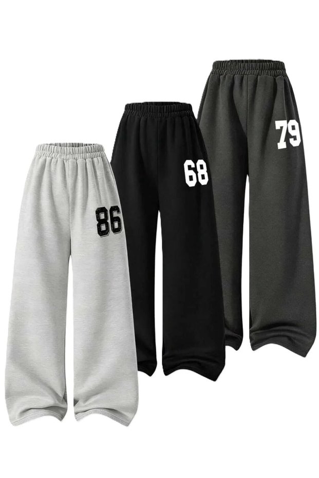 Women's 3-Pack Black - Gray - Anthracite Number Printed Wide Leg Relaxed Fit Sweatpants