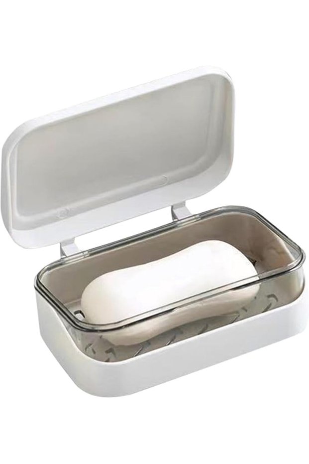 2 PCS Soap Dish with Removable Drainer & Lid, Closable Rectangular Soap Case Container, 2 Layers for