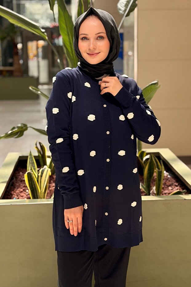 Embossed Mini Floral Embroidered Mercerized Cardigan